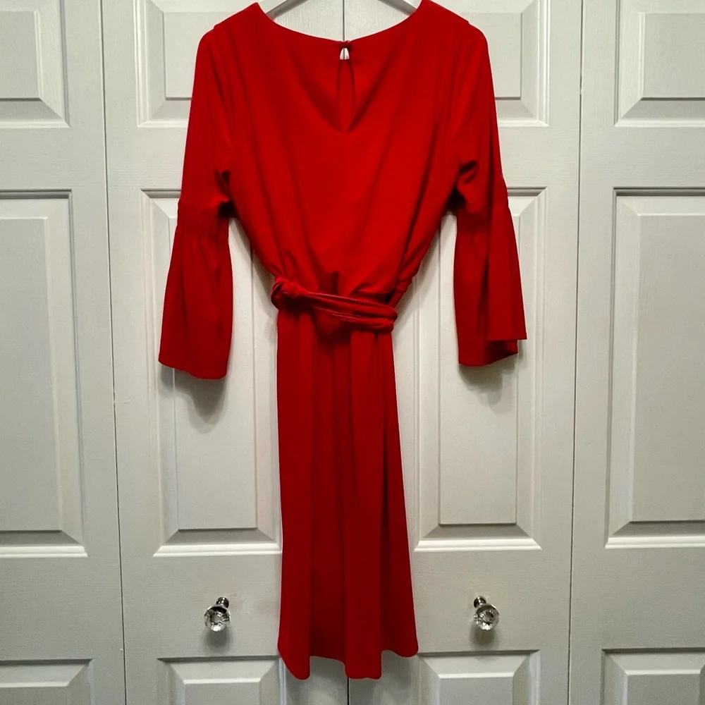 3/15 💚 Emma & Michele Red Midi Belted Faux Wrap Dress Bell Sleeves Scoop Neck